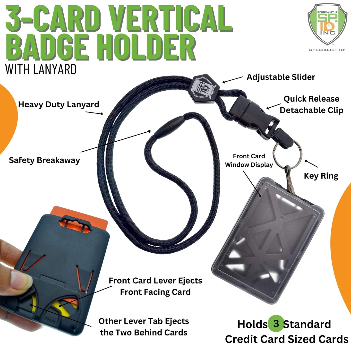 Top Loading THREE ID Card Badge Holder by Specialist ID features a heavy-duty lanyard with a detachable metal clip, adjustable slider, key ring, quick release clip, and dual thumb levers for easy ejection. Holds 3 cards securely.