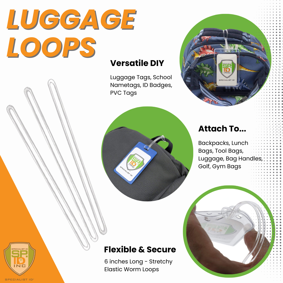 Image showing transparent elastic loops labeled "6\" Plastic Luggage Tag Loop Straps in Solid Colors - Red, Green, Black, Blue & White (2410-200X)" attached to various items such as backpacks and lunch bags. Text highlights their versatility and flexibility for DIY uses and secure attachment, making these travel accessories perfect for any journey.