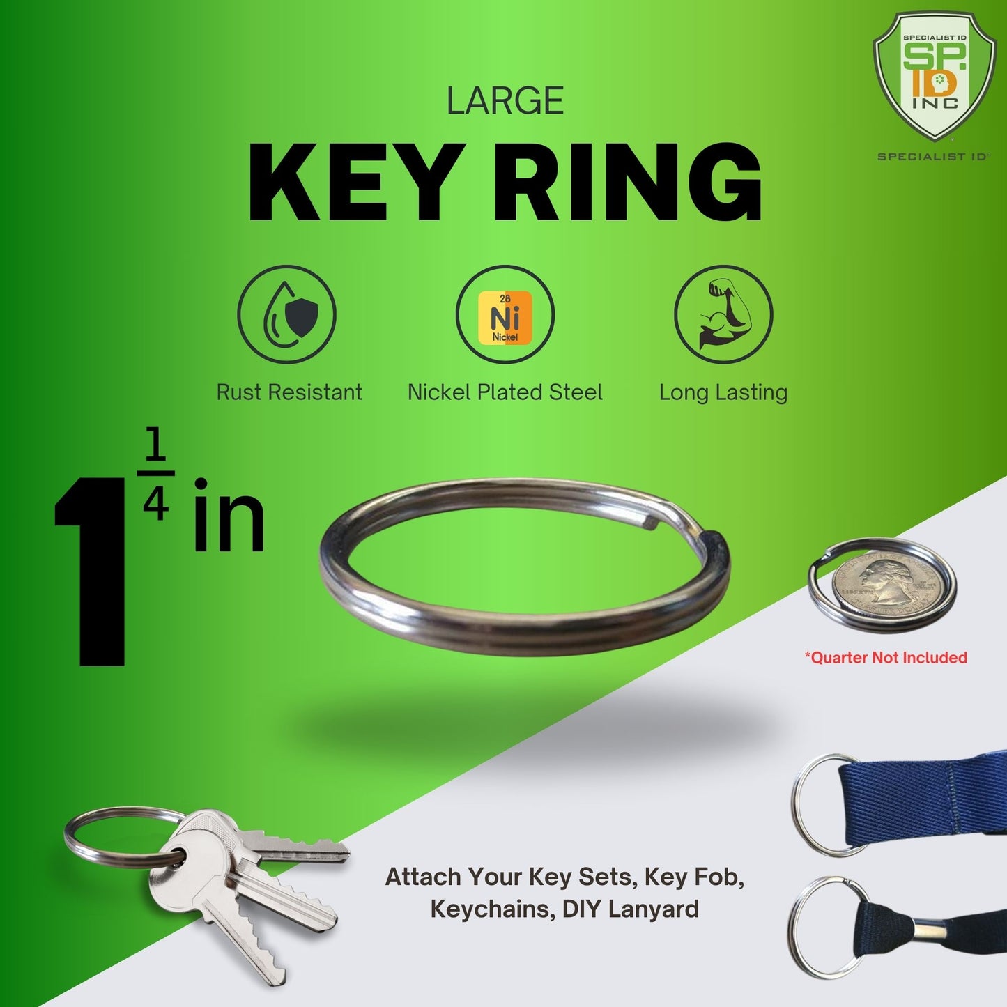 25 Premium Extra Large 1 1/4" Split Rings (SPID-9240), displayed against a green background. Made from heat-treated steel for enhanced rust resistance and durability. Shown with keys and decorative keychains for context.