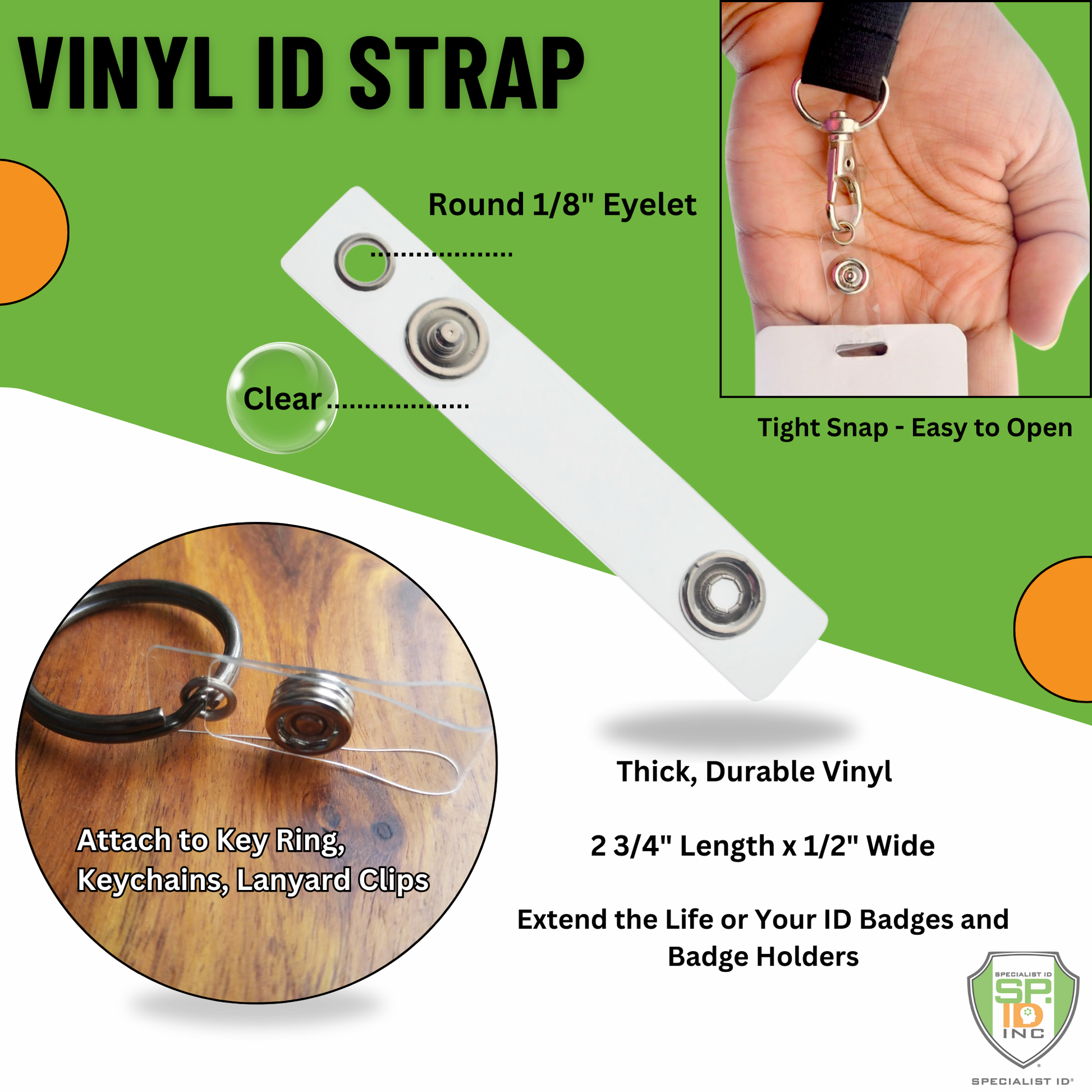 The Key Ring to ID Badge Converting Vinyl Strap Clip 2120-1250 features a 1/8" eyelet and measures 2 3/4" in length by 1/2" in width with a snap button, making it perfect for attaching to key rings or lanyard clips to prolong the lifespan of your ID badges and badge holders.