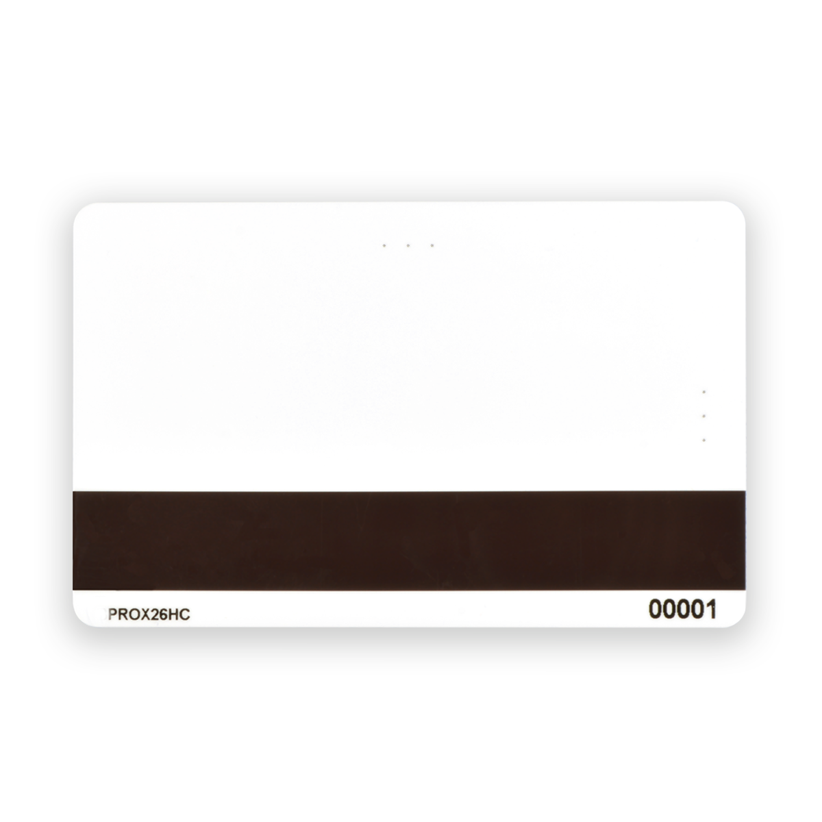 A white plastic card with a black magnetic strip and labels "PROX26HC" and "00001" printed at the bottom. This SPIDprox26HC HID Compatible Composite ISO Prox Card With HICO Magnetic Strip employs RFID technology for secure access control.