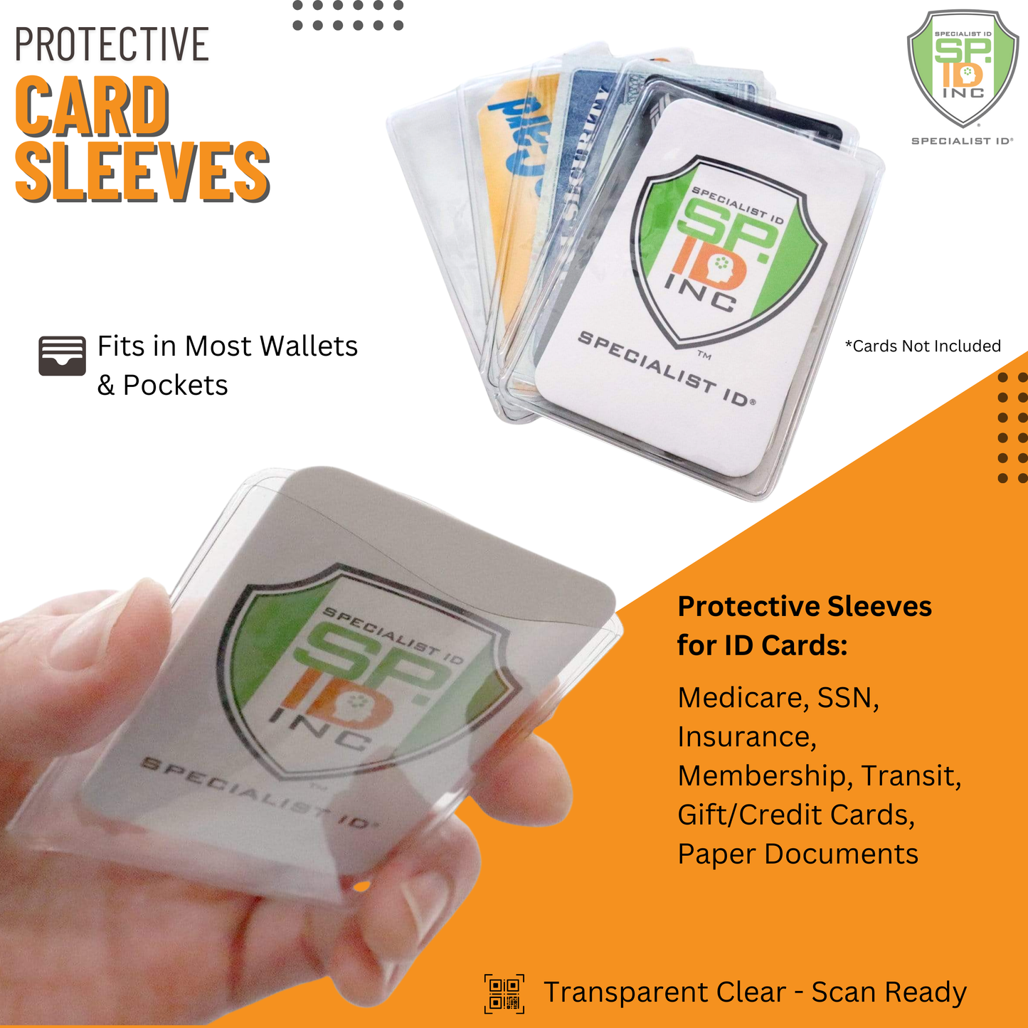 Image of Clear Vinyl Business Card Holder - Medicare Card Protective Sleeve (1840-3505) shown with various card types. These transparent sleeves fit perfectly in wallets and are ideal for protecting Medicare or business cards.