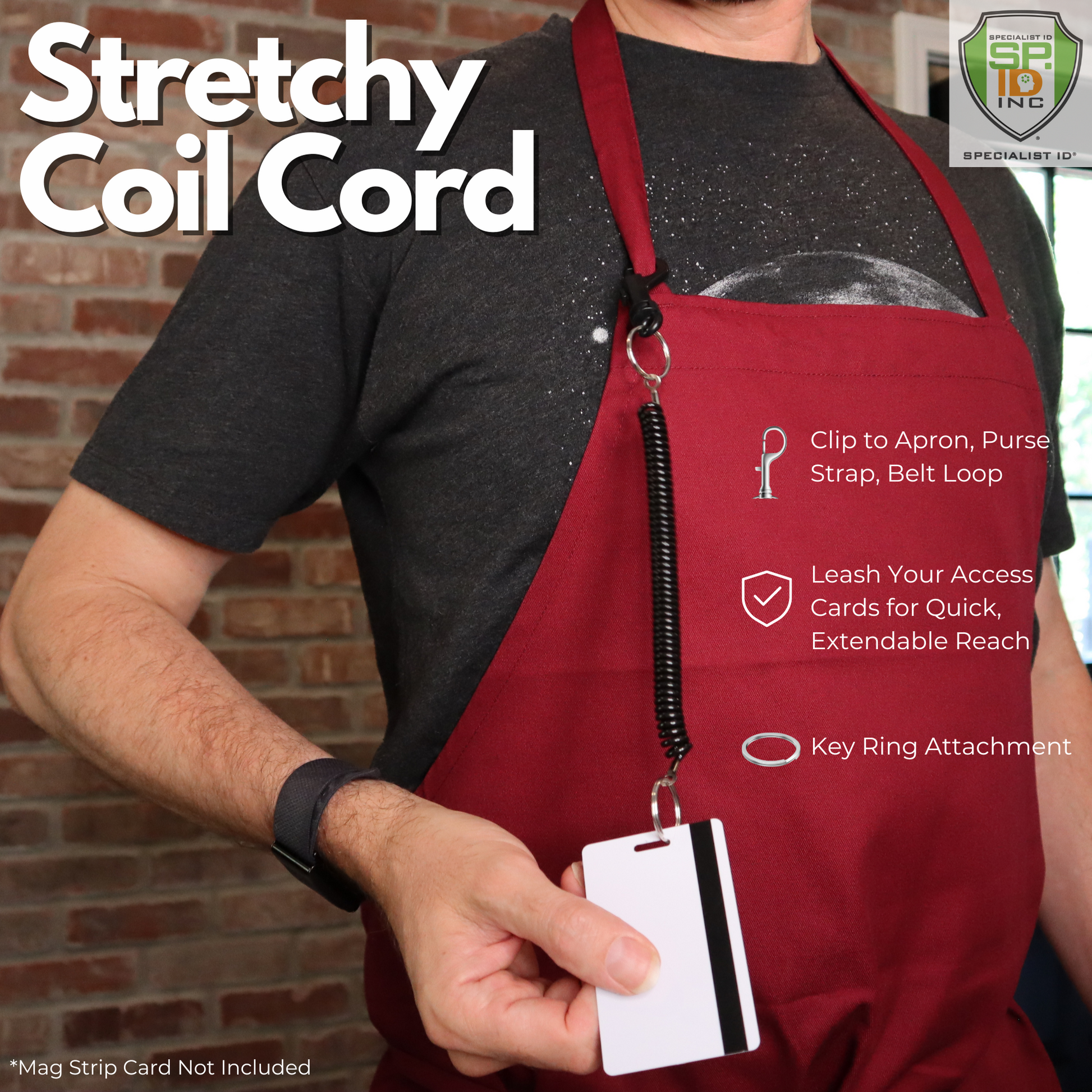 A person wearing a red apron displays a Bungee Coil Keychain Lanyard with Black Stretchy Elastic Cord for Key or Swipe Card, securing an access card. The text highlights its use with aprons, purses, straps, belt loops, and the key or swipe card lanyard feature.