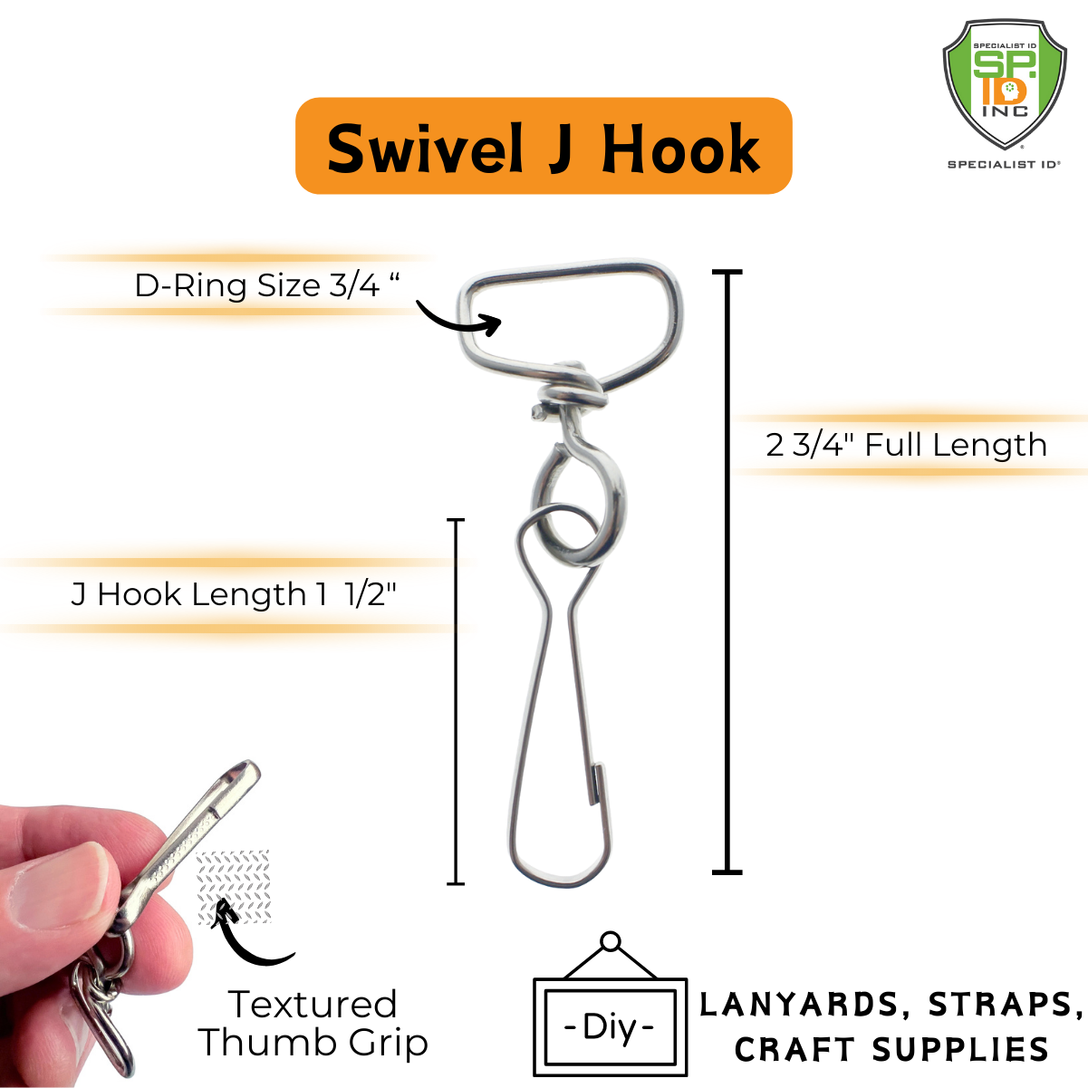 Image showing a Premium Swivel J Clip Clasp with Wide, Smooth Rounded 3/4 Inch D Ring - DIY Lanyard and Craft Accessories (6905-M-289) with labeled dimensions: D-Ring Size 3/4", Full Length 2 3/4", J Hook Length 1 1/2". Textured Thumb Grip is shown, and text indicating uses for DIY lanyards, straps, and craft supplies. The metal swivel clip ensures smooth rotation for versatile application.