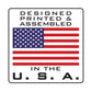 Label with the text "Designed, Printed & Assembled in the U.S.A." above a United States flag, ideal as an accessory for a hospital badge or the MD Horizontal Badge Buddy with RED Border.