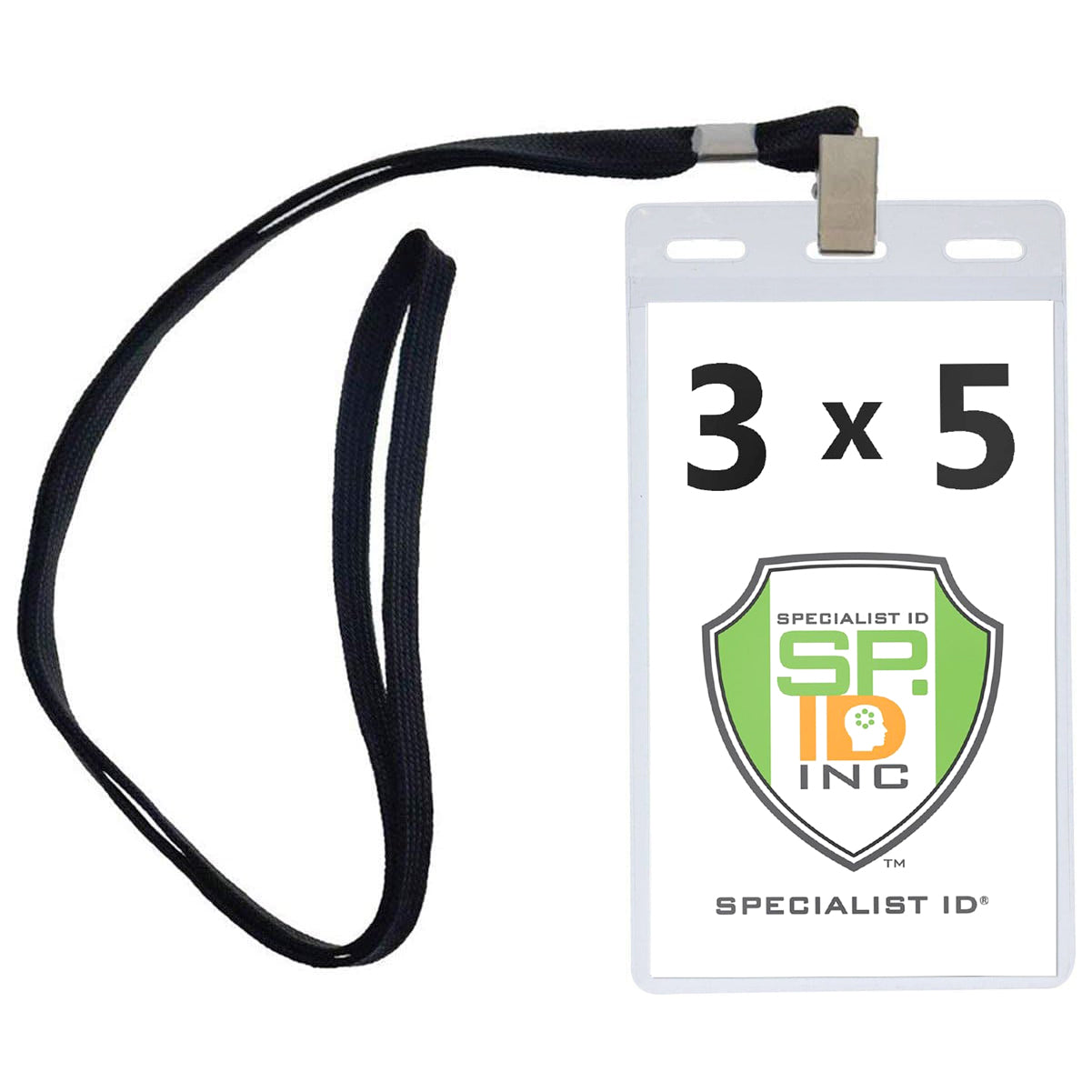 A Vertical Oversized 3x5 Vinyl ID Badge Holder (XL35V) with a black lanyard. The badge inside displays a logo with the text "Specialist ID Inc" and a shield emblem.