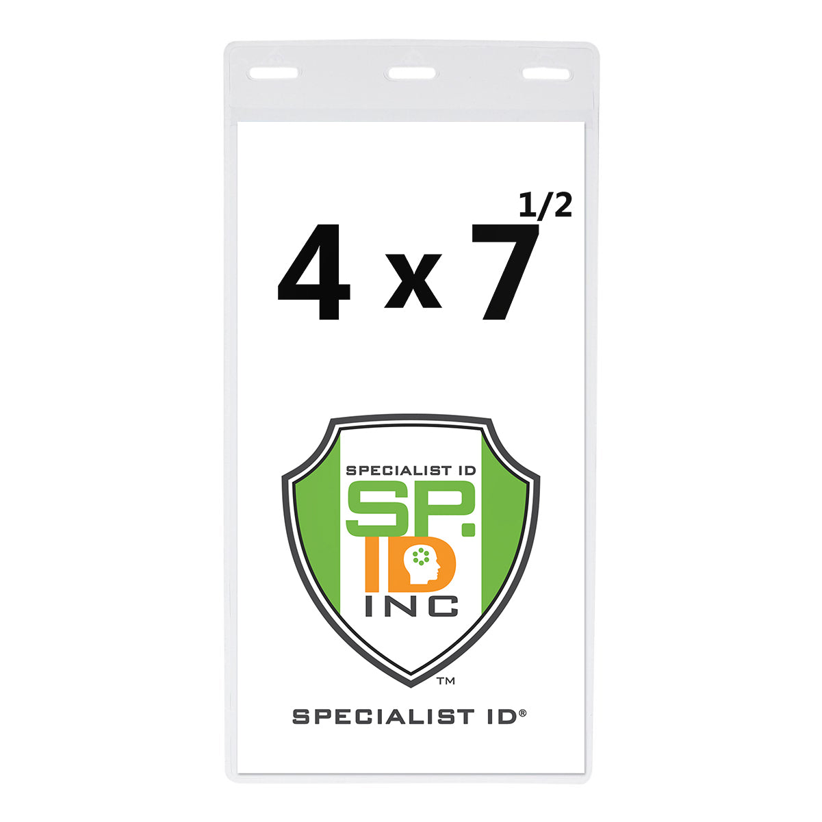 The Vertical Oversized 4X7 Vinyl ID Badge & Ticket Holder (XL47.5V) by SPECIAList ID INC, measuring 4 x 7.5 inches and featuring a logo with a green shield, is perfect for holding large format tickets or as a vertical oversized badge holder.