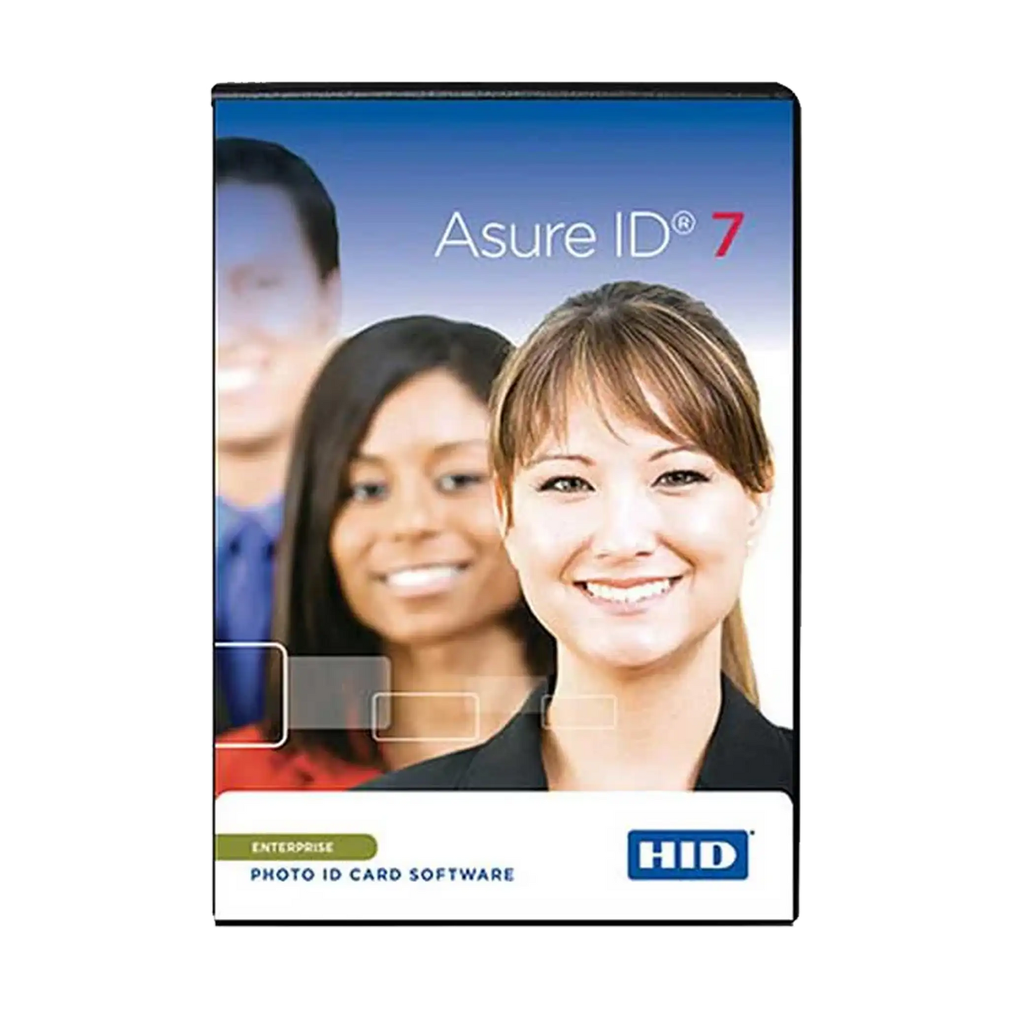 The box cover of the "Asure ID Enterprise 7 ID Card Software (86413)" by HID features three smiling individuals in business attire, emphasizing its robust database connectivity features.