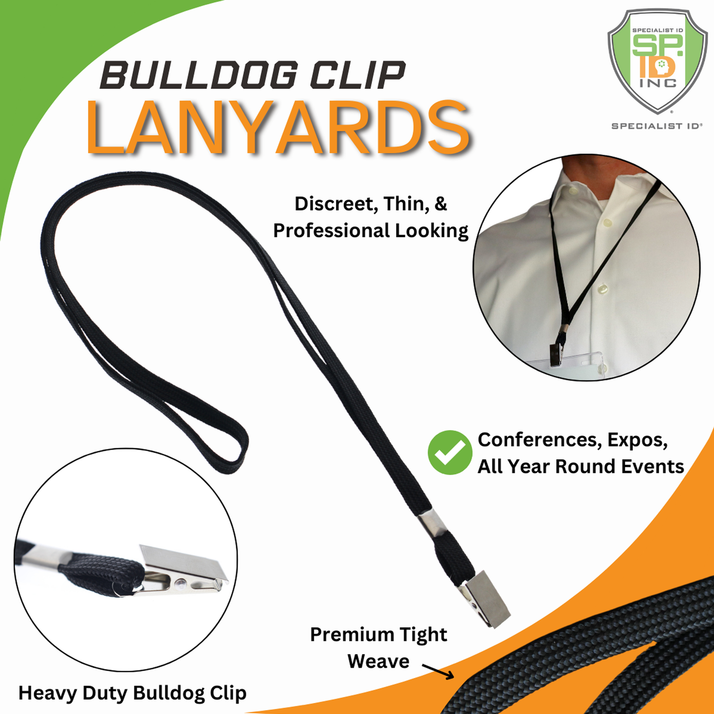 Image of an advertisement for Flat Braid Woven Non-Breakaway Lanyard With a Steel Bulldog Clip (P/N 2135-355X) from Specialist ID, featuring a black Flat Braid Lanyard with a heavy-duty steel bulldog clip and a person wearing the non-breakaway lanyard. Suitable for conferences and events.