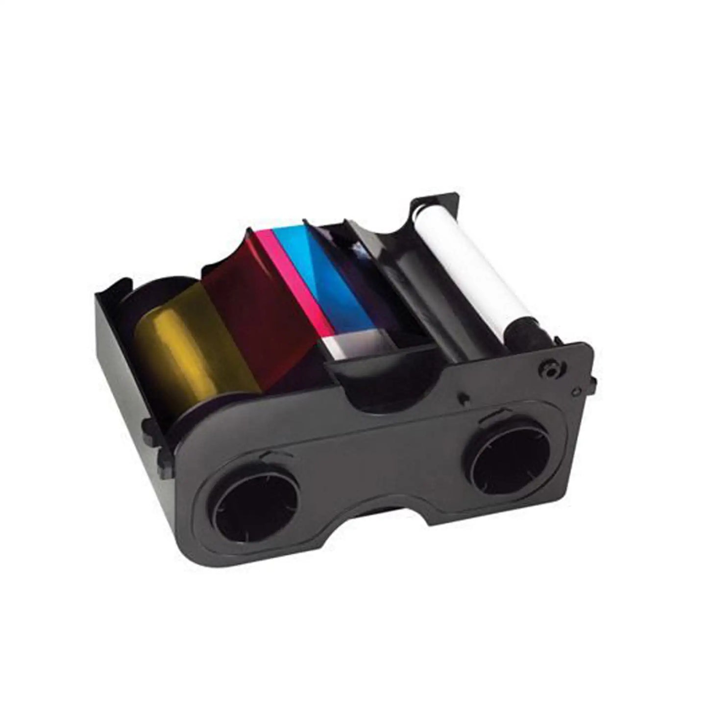 A multi-colored printer ribbon cartridge with yellow, magenta, cyan, and black sections housed in a black plastic case. Ideal for DTC1000 and DTC1250e ID card printers using authentic Fargo 45014 Half Panel YMCKO Ribbon - 350 Prints, Cost-Effective for Partial Color Printing.