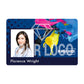 ID card created with the Custom Holokote for Magicard Rio Pro 360, 300, or 600 Card Printers featuring the name "Florence Wright," a photo of a woman, a MagiCard logo, abstract colorful paint splashes on a blue background, and enhanced security with a custom watermark.