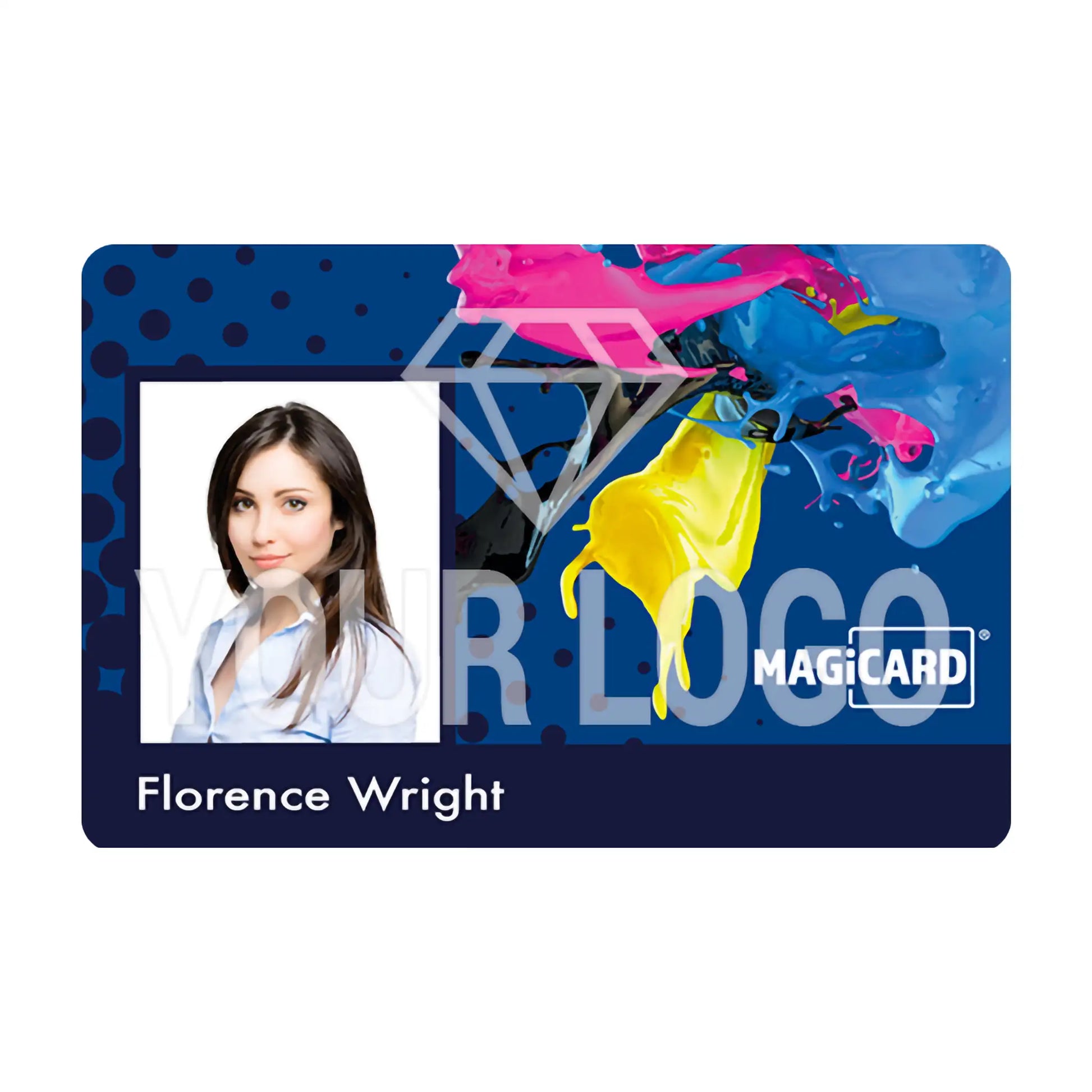 ID card created with the Custom Holokote for Magicard Rio Pro 360, 300, or 600 Card Printers featuring the name "Florence Wright," a photo of a woman, a MagiCard logo, abstract colorful paint splashes on a blue background, and enhanced security with a custom watermark.