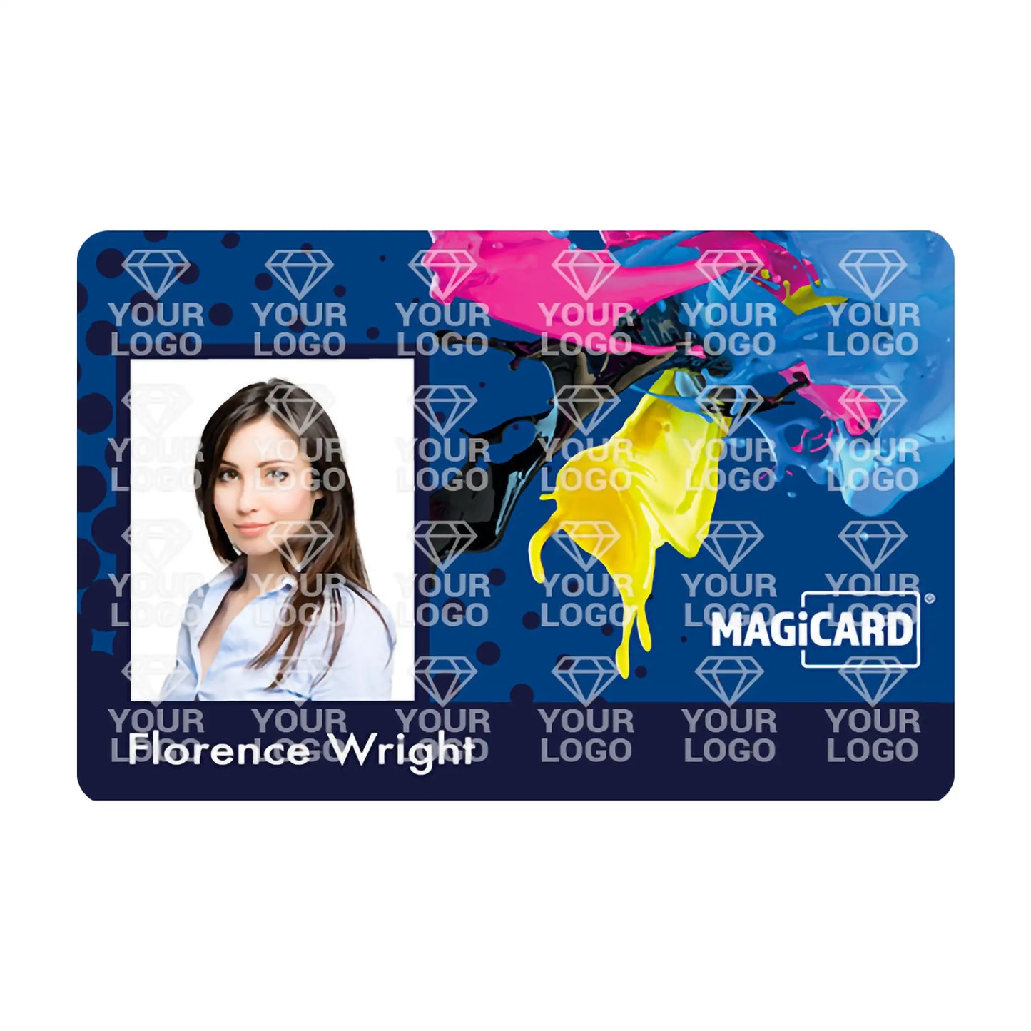 Image of an ID card featuring a photo of a person named "Florence Wright" with the Magicard logo on a colorful background, highlighting enhanced security features provided by the Custom Holokote for Magicard Rio Pro 360, 300 or 600 Card Printers.