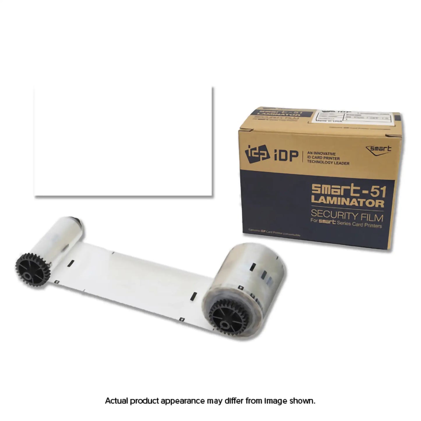 A box labeled "IDP 659390 Clear Patch Laminate - 250 Prints" and a roll of security film are displayed. Text at the bottom states, "Actual product appearance may differ from image shown." Ideal for use with the SMART-51L Card Printer, this system ensures every card gets a secure, clear patch laminate for added protection.