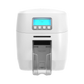 A white Magicard 600 Single-Sided ID Card Printer with a digital display and buttons, featuring an output slot at the bottom for high-quality ID card printing and secure ID card issuance.