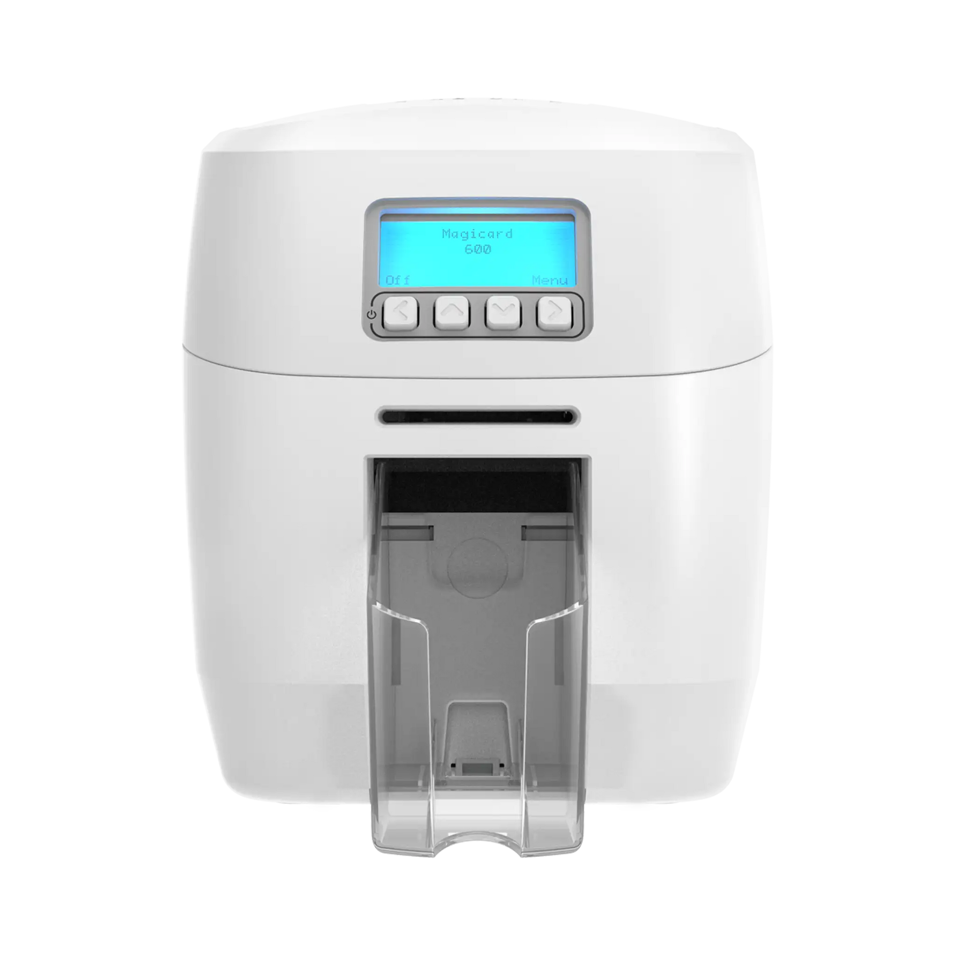 A white Magicard 600 Single-Sided ID Card Printer with a digital display and buttons, featuring an output slot at the bottom for high-quality ID card printing and secure ID card issuance.