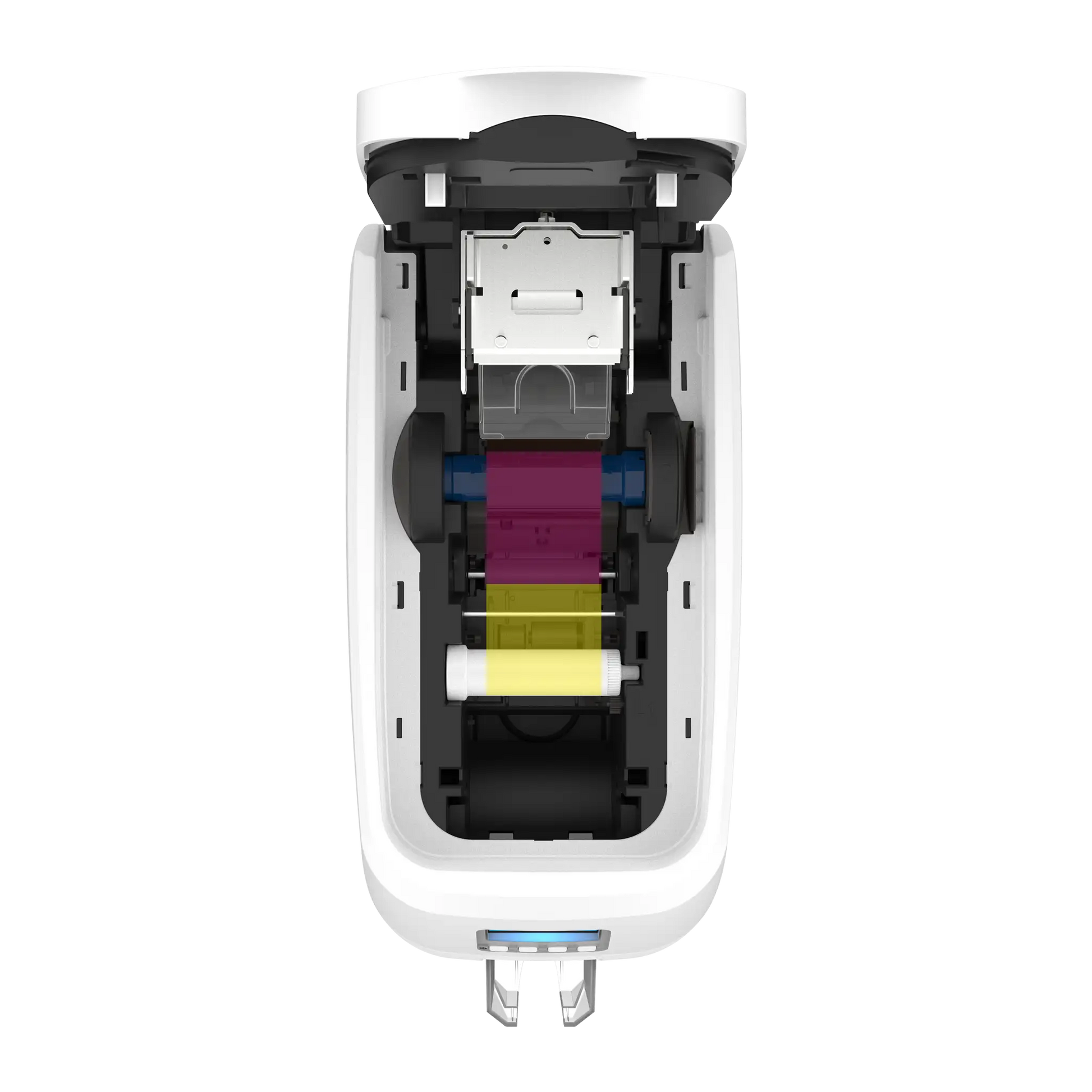 Top view of an open Magicard 600 Single-Sided ID Card Printer displaying its internal components, including color-coded cartridges in cyan, magenta, yellow, and black. The device boasts a resolution of 300 x 600 dpi for high-quality ID card printing.