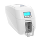 The Magicard 600 Single-Sided ID Card Printer in white provides high-quality ID card printing, featuring an illuminated digital display and control buttons on the front. It offers a 300 x 600 dpi resolution and includes a convenient card output tray at the bottom.