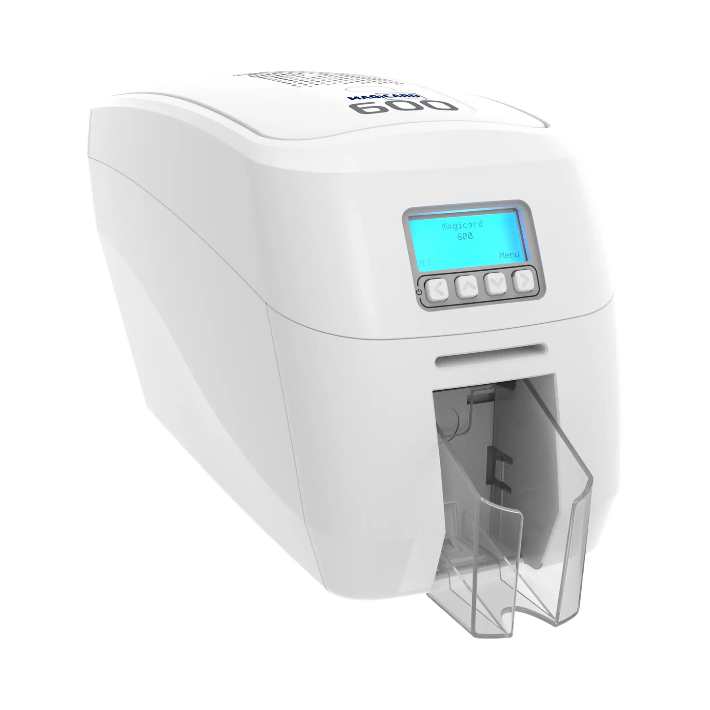 The Magicard 600 Single-Sided ID Card Printer in white provides high-quality ID card printing, featuring an illuminated digital display and control buttons on the front. It offers a 300 x 600 dpi resolution and includes a convenient card output tray at the bottom.