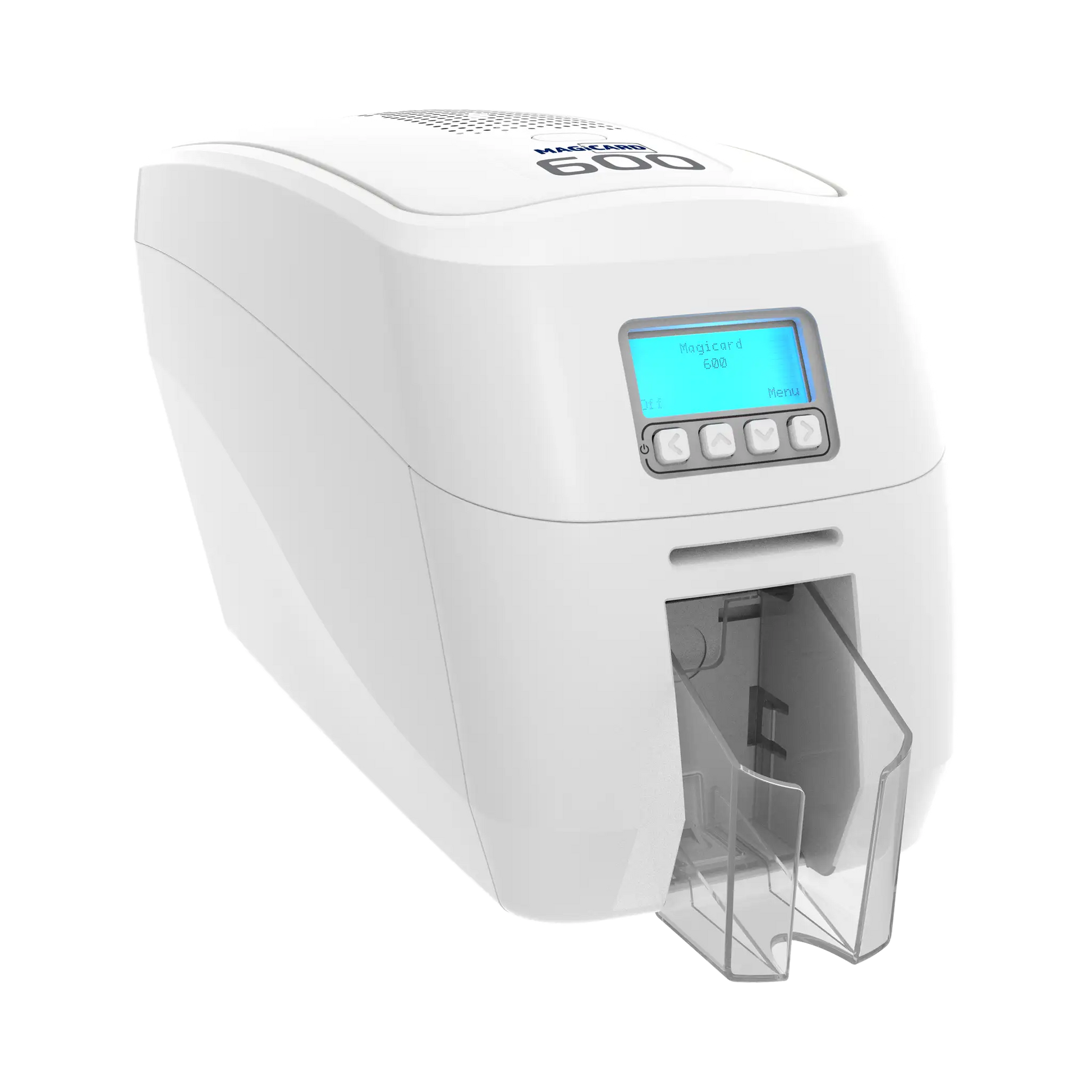 The Magicard 600 Single-Sided ID Card Printer in white provides high-quality ID card printing, featuring an illuminated digital display and control buttons on the front. It offers a 300 x 600 dpi resolution and includes a convenient card output tray at the bottom.