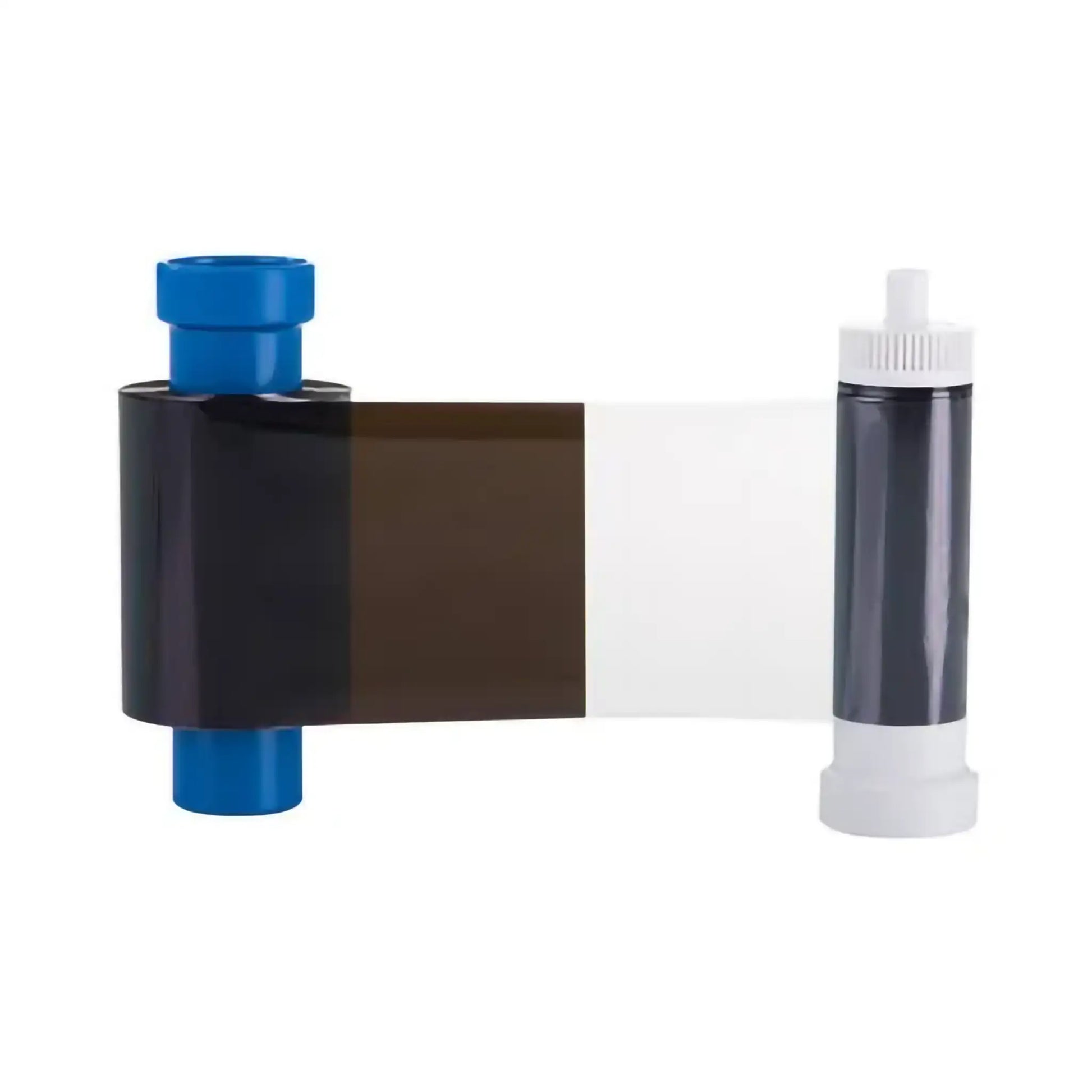 An ID card printer ribbon with black, white, and transparent sections, featuring a blue end cap on the left and a white end cap on the right. This is the Magicard MB600KO Monochrome Black Ribbon, perfect for use with authentic Magicard 600 ID card printers.