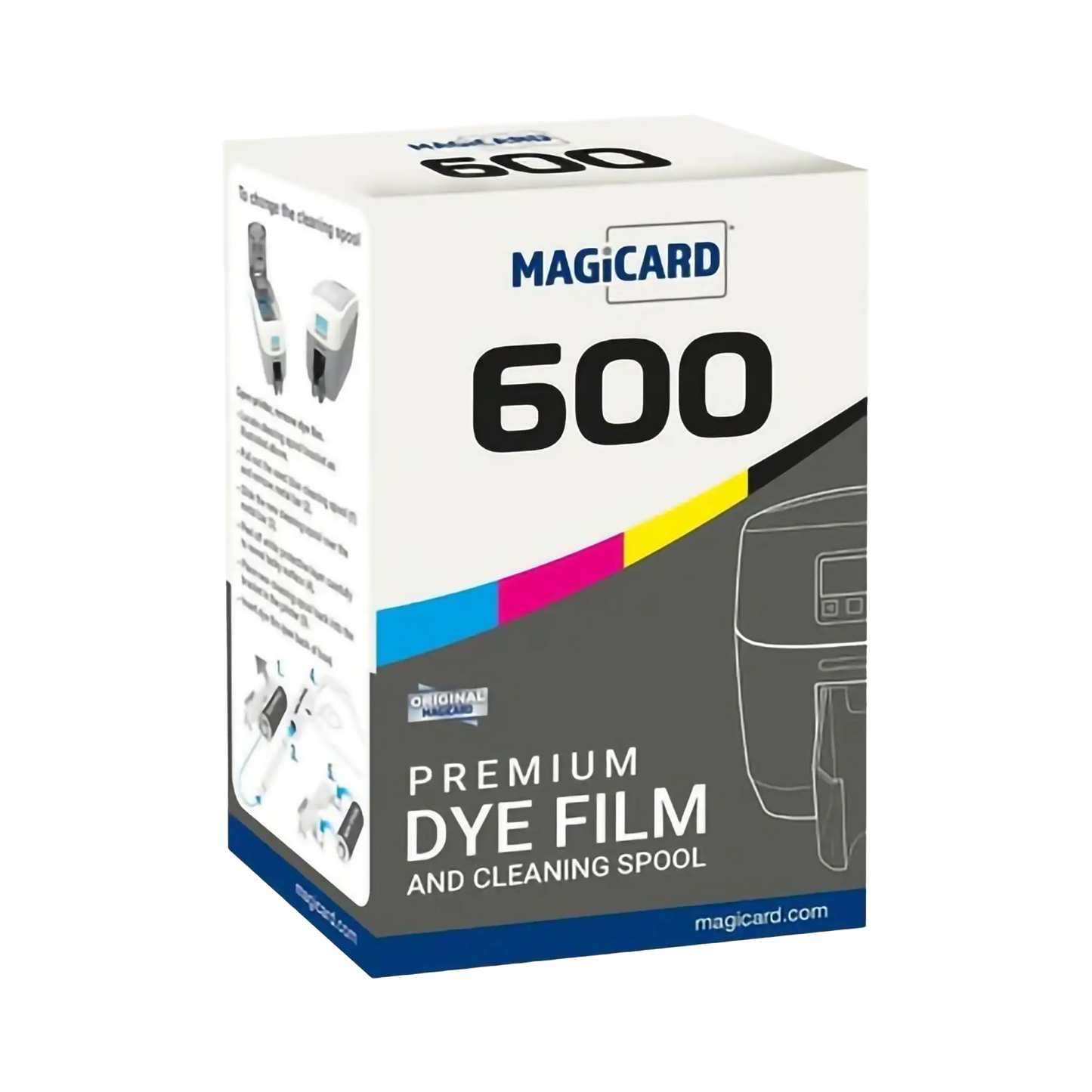 Box labeled "Magicard MB600KO Monochrome Black Ribbon," containing a premium dye film and a cleaning spool for the Magicard 600 ID card printer, with instructions and images on the side.