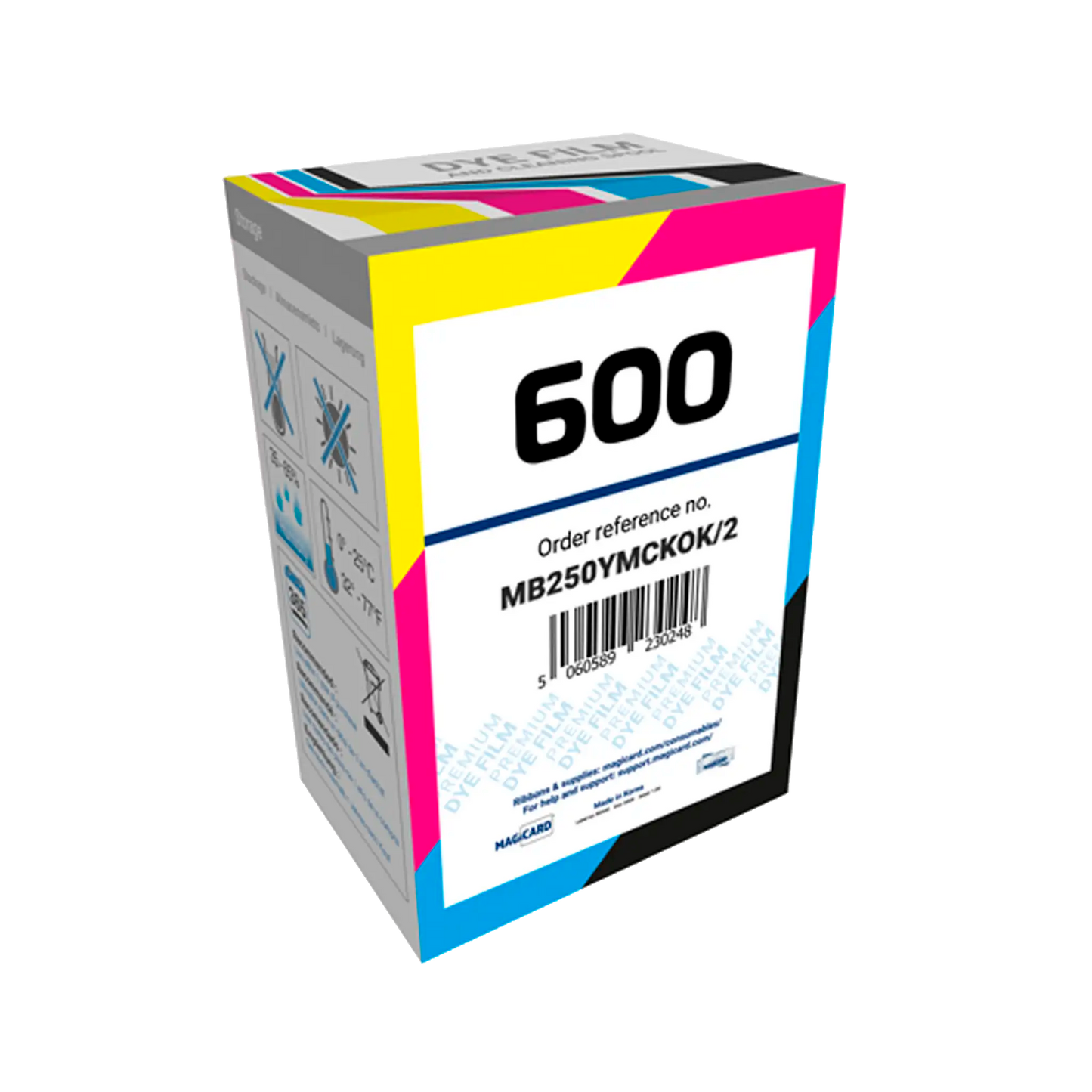 A box of Magicard MB250YMCKOK Color Ribbon - 250 Prints, Compatible with Magicard 600 ID Card Printer with the label "600" and order reference number MB250YMCKOK/2 printed on it, featuring multiple colors including cyan, magenta, yellow, and black.