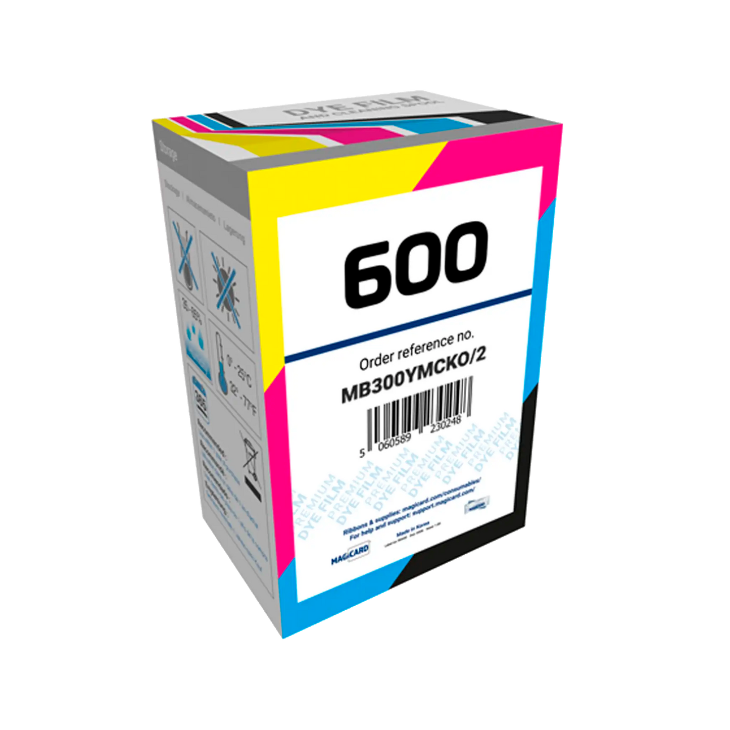 Colorful box labeled "600" with order reference number MB300YMCKO/2, designed for the Magicard 600 ID card printer. It features various product details, barcodes, and handling instructions on the sides. This box contains Magicard MB300YMCKO YMCKO Ribbon - 300 Prints essential for high-quality ID card printing.