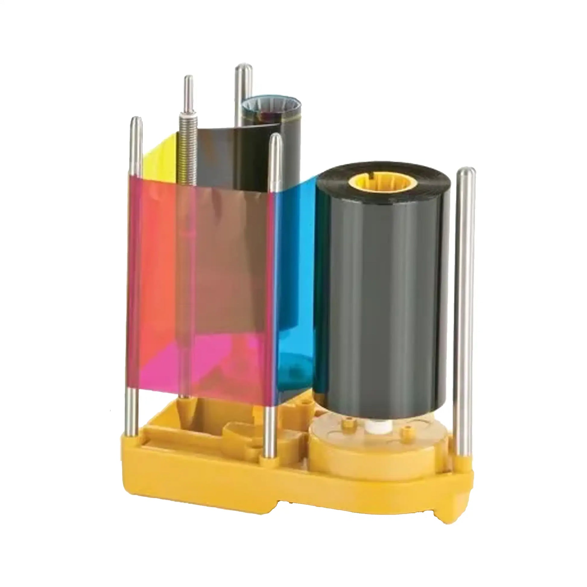 A Magicard Prima433 YMCKK Ribbon - 750 Prints, compatible with Prima 4 ID card printer, featuring four vertical poles and a yellow base, showcasing multicolored sections of film used for dual-sided card printing.