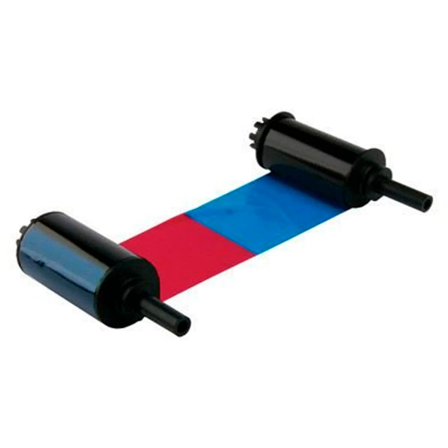 A Nisca NGYMCKO3-3BP YMCKO Ribbon - 250 Prints for ID card printers, featuring a dual-color strip of red and blue, is shown connected to two black spools.