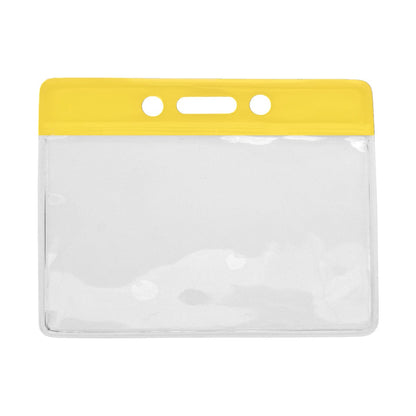 A Horizontal Vinyl Badge Holder with Yellow Color Bar Top - Great for Color Coding Access and ID (1820-100X) with a yellow top and three holes for attaching a lanyard, shown on a white background.