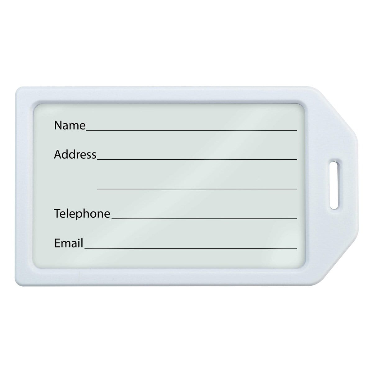 A Heavy Duty Luggage Tags with Plastic Loops Included - Window for Business Card or Included Insert (1840-620X) with blank fields labeled Name, Address, Telephone, and Email, designed for personal contact information. This sturdy and heavy duty luggage tag ensures your details stay secure during travel.
