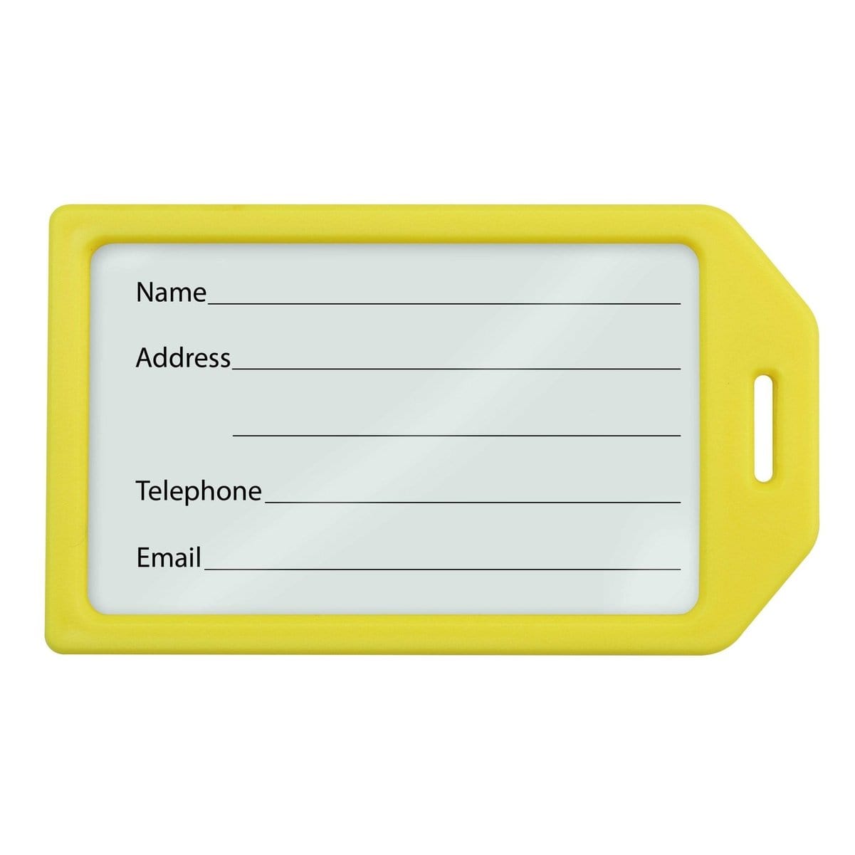 A Heavy Duty Luggage Tags with Plastic Loops Included - Window for Business Card or Included Insert (1840-620X) with blank lines for Name, Address, Telephone, and Email. This plastic luggage tag holder ensures all your essential details are secure and easily visible.