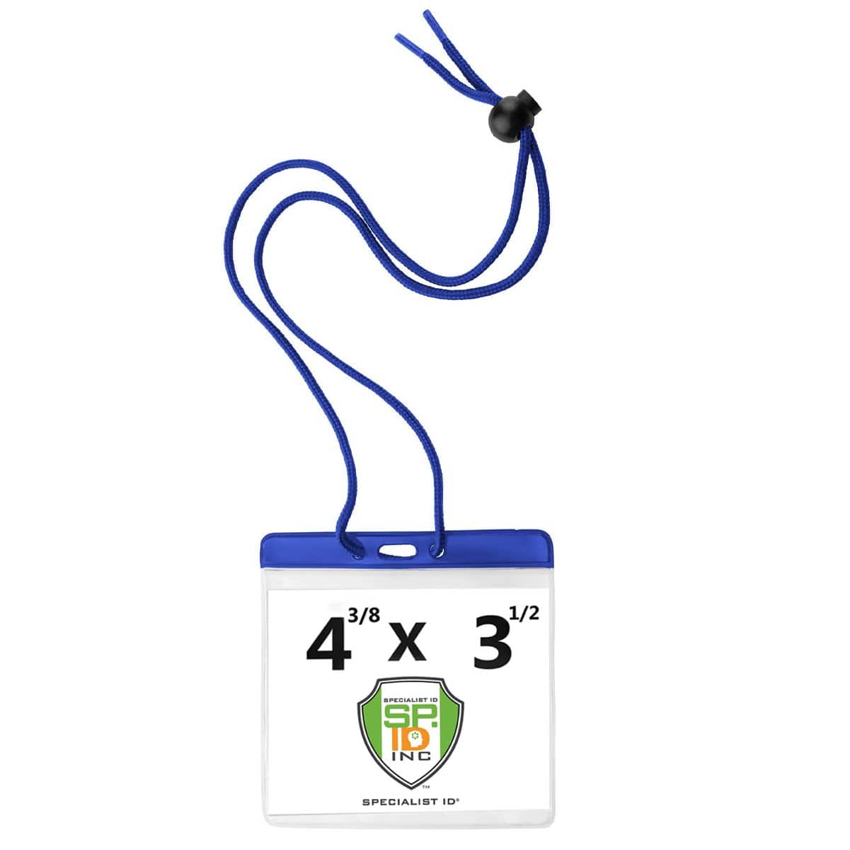 A 4x3 Inch Color Bar Event Badge with Adjustable Lanyard - Extra Large (Max Insert 4 3/8 X 3 1/2) Colored Name Badge with Matching Color Code Lanyard (1860-290X), displaying a card with dimensions 4 3/8 x 3 1/2 inches, featuring a Specialist ID Inc. logo.