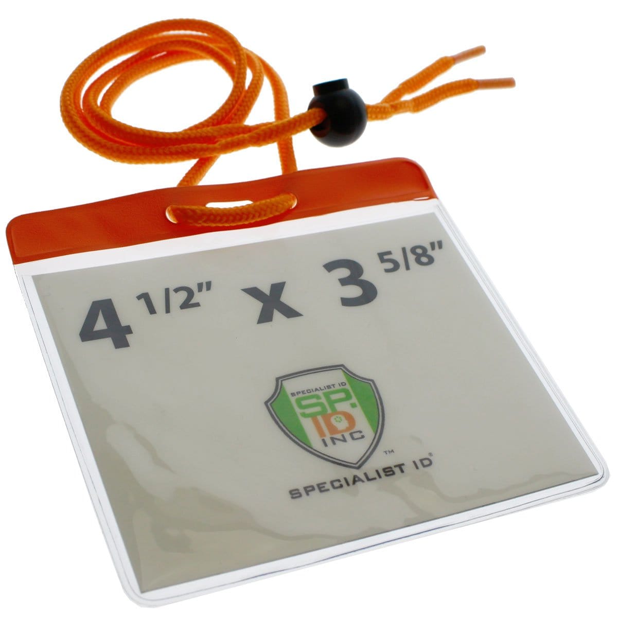 4x3 Inch Color Bar Event Badge with Adjustable Lanyard - Extra Large (Max Insert 4 3/8 X 3 1/2) Colored Name Badge with Matching Color Code Lanyard (1860-290X). The extra-large vinyl ID badge holder displays dimensions of 4 1/2" x 3 5/8" and showcases a Specialist ID Inc logo.
