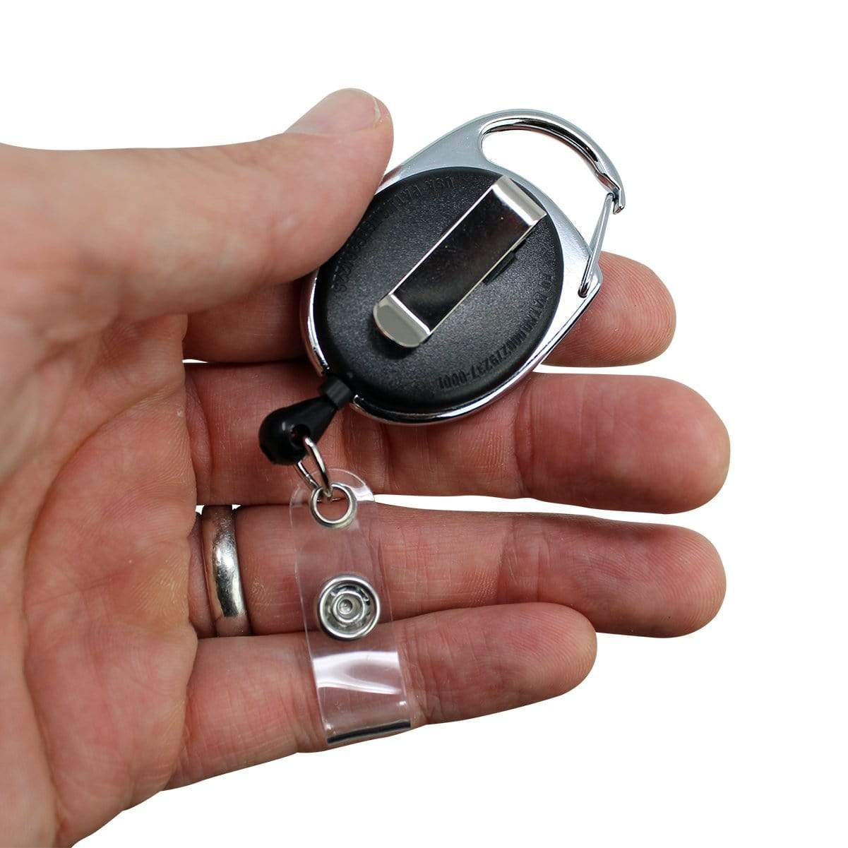 A hand holds a Hard Plastic 3 Card Badge Holder with Badge Reel - Retractable ID Lanyard Features Belt Clip & Carabiner - Rigid Vertical CAC Holder - Top Load Holds Three Cards by SpecialistID.