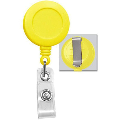 A Badge Reel with Belt Clip (P/N 2120-303X) with a metal belt clip and a clear plastic strap.