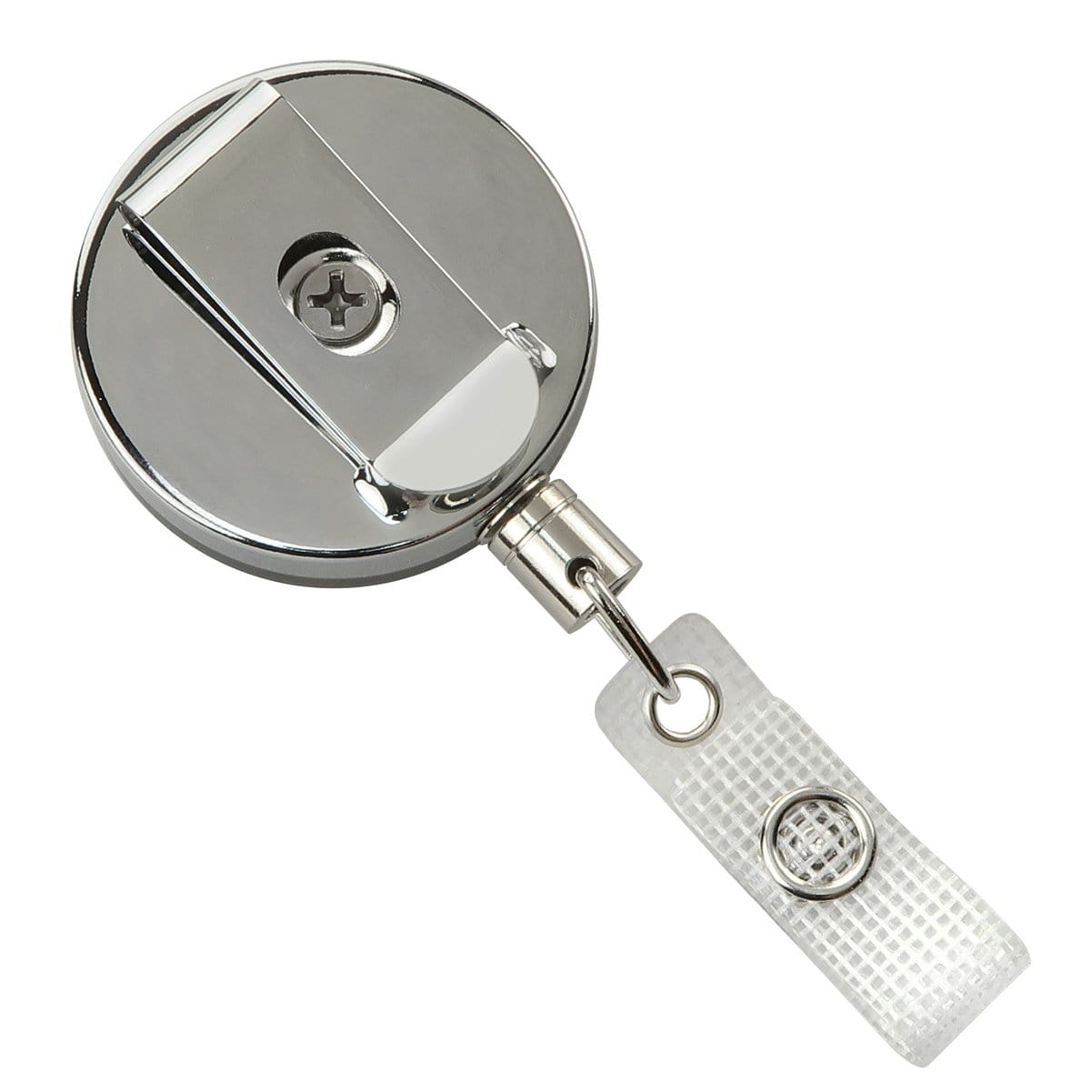 A Heavy Duty Badge Reel With Steel Cable 2120-3305 with a sturdy metal clip, a transparent plastic strap, and a durable metal snap button.
