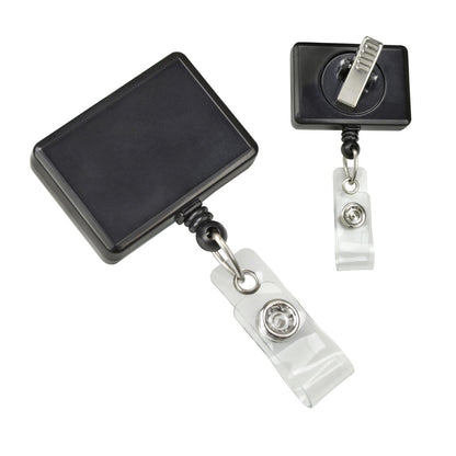 Two Rectangle Badge Reel Retractable with Rotating Swivel Clip - Rectangular Badge Holder Reels (2120-390X) with clear plastic clips and rotating swivel clips on a white background, perfect as ID badge holders.