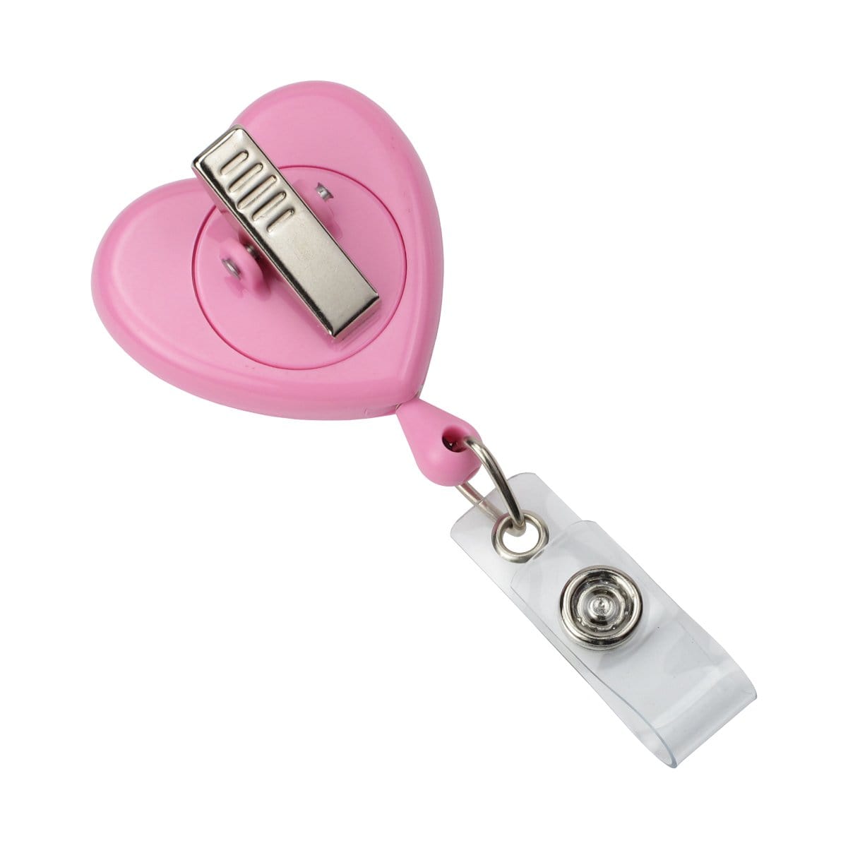 A pink heart-shaped badge holder features a retractable mechanism with a metal clip and a clear plastic strap. This Heart Shaped Ribbon "Awareness" Badge Reel with Swivel Spring Clip (P/N 2120-7630) also includes a swivel spring clip for added convenience.