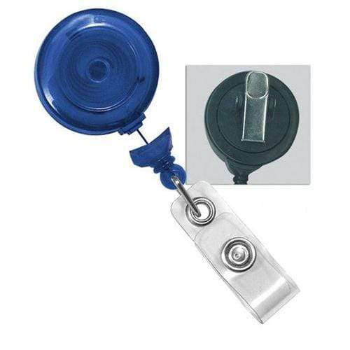 A blue No Twist Badge Reel with a Swivel Spring Clip (P/N 2120-764X) on the back and a clear plastic strap at the bottom, ideal for use in the medical industry. This no twist badge reel ensures your ID stays facing forward at all times.