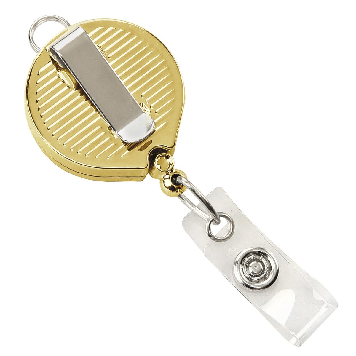 Chrome Metallic Badge Reel W/ Clear Vinyl Strap & Belt Clip. 2124