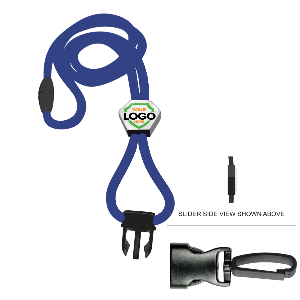 Blue adjustable Metal Detector Friendly Heavy Duty Custom Lanyard with Diamond Slider, Breakaway Clasp & Quick Release Plastic Hook - MRI Safe (2135-45XX) with a hexagonal badge labeled "YOUR LOGO HERE" at the top and a black plastic breakaway clasp at the bottom. Side view of the slider and close-up of the buckle shown, designed to be metal detector-friendly.