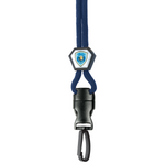 A blue, Metal Detector Friendly Heavy Duty Custom Lanyard with Diamond Slider, Breakaway Clasp & Quick Release Plastic Hook - MRI Safe (2135-45XX) featuring a police emblem and a detachable black breakaway clasp with a clip at the end.