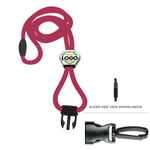 A Metal Detector Friendly Heavy Duty Custom Lanyard with Diamond Slider, Breakaway Clasp & Quick Release Plastic Hook - MRI Safe (2135-45XX) with a black plastic clip and space for a logo, featuring a breakaway clasp for added safety. The slider side view and a close-up of the clip are shown.