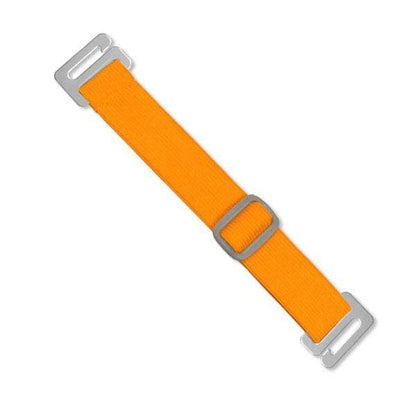 An orange fabric strap with a metal buckle and two metal end loops, perfect for securing your Vinyl Horizontal Arm Band Badge Holder With Elastic Strap (P/N 1840-7000).