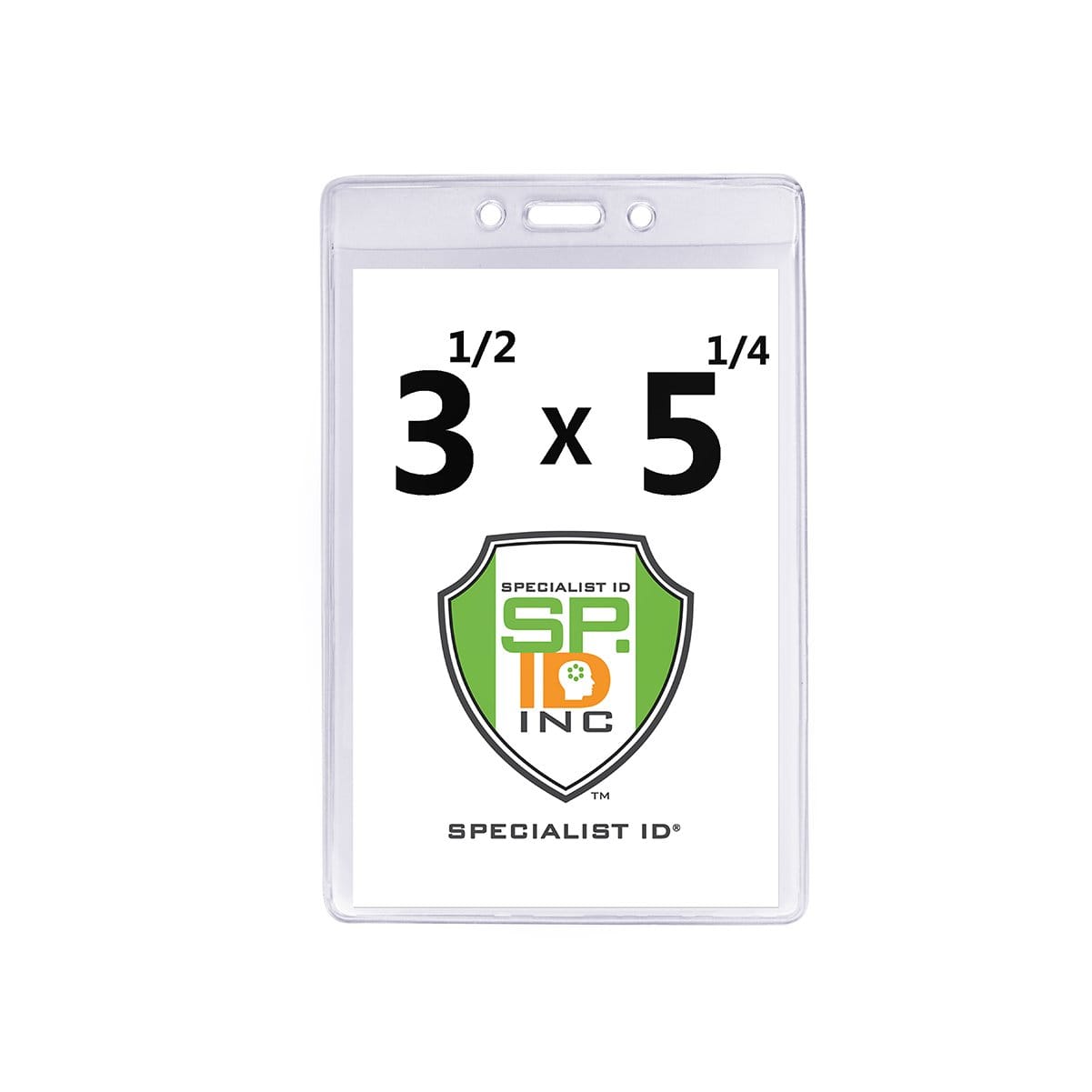 Clear vinyl vertical ID badge holder displaying a 3 1/2 x 5 1/4" card with the Specialist ID Inc. logo and text has been replaced:

Premium 3 1/2 x 5 1/4 Clear Vinyl Vertical Extra Large Badge Holder (506-46) displaying a card with the Specialist ID Inc. logo and text.