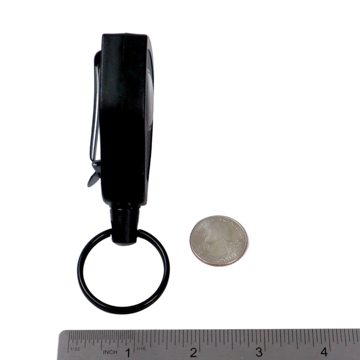 A Super Heavy Duty Retractable Keychain - 8oz or 10 Keys - Durable 48” (4 Ft) Kevlar Lanyard with a black, round attachment is shown next to a quarter and a ruler for size comparison.
