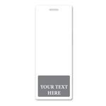 A white vertical badge with a gray rectangular area at the bottom displaying the placeholder text "YOUR TEXT HERE," perfect for Oversized Custom Vertical Badge Buddy XL- (Extra Large Size).