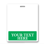A blank rectangular ID card with a white background and a green bottom section that reads "YOUR TEXT HERE." There is a slot at the top for attaching a lanyard. Ideal for ID badge recognition, this Oversized Custom Printed Horizontal XL Badge Buddy (Extra Large Size) adds a personalized touch to your identification needs.